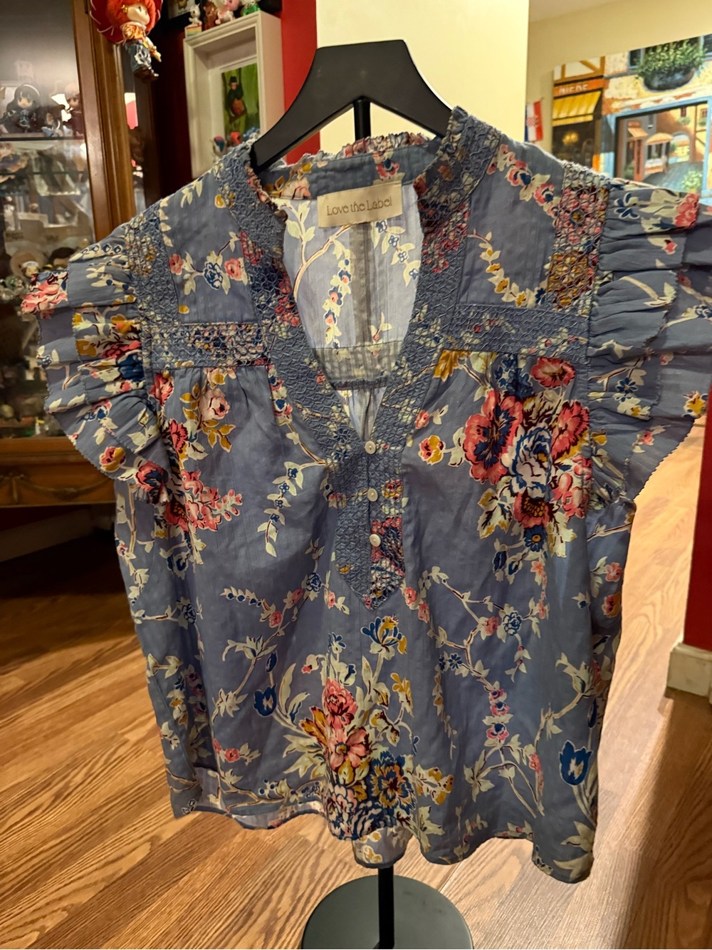 Love the label- Blue Floral V-Neck Smocked Sleeve Top